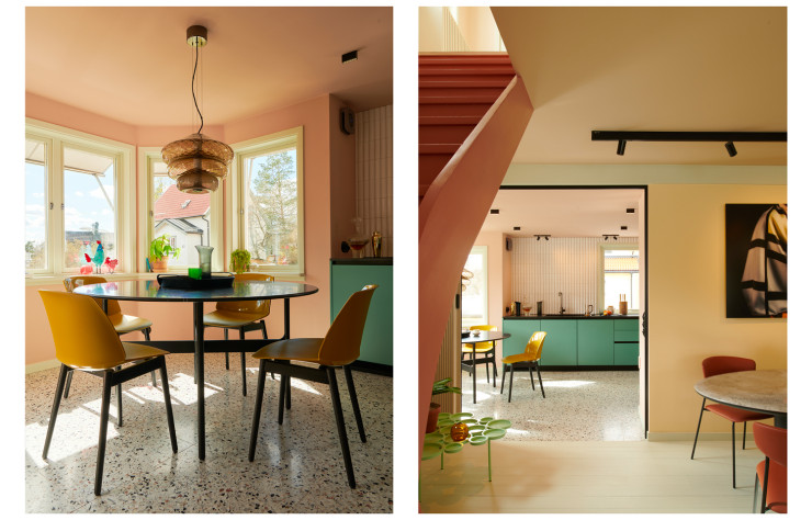 La cuisine, parfaitement fonctionnelle avec, à gauche la table Floema (Wendelbo) et les chaises Classy (et al.). À droite, vue sur le plan de travail depuis la salle à manger.