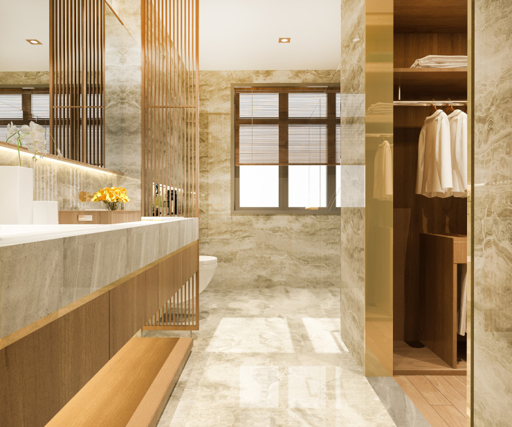 Inspiration salle de bain marbre et bois