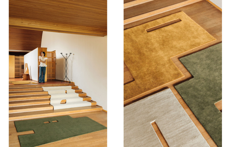 À gauche, Garance Vallée pose aux côtés de deux de ses tapis et de son chandelier. À droite, une vue détaillée sur les trois tapis dont les formes géométriques et les découpes permettent une imbrication ludique.