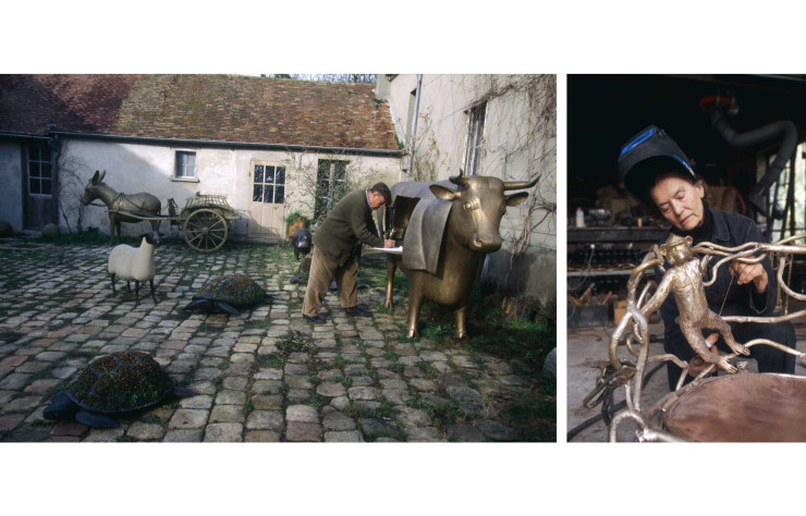 A gauche, François-Xavier Lalanne en train de travailler sur la statue d’un bœuf en métal à Ury. A droite, Claude Lalanne en train de travailler de son studio d’Ury.