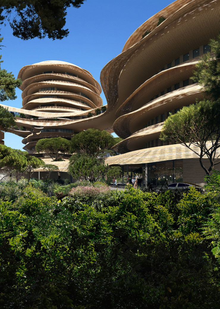 À Montpellier, dans un jardin, le projet de bâtiments Oasis, issu du concours des « Folies architecturales du XXIe siècle », s’élève surmonté d’élégants parasols bioclimatiques en bambou, sourcés localement, décarbonés, durables et recyclables.