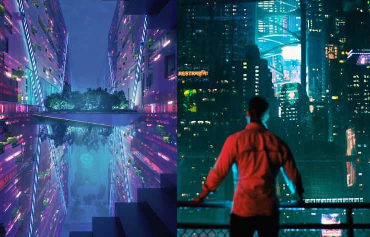 A gauche, illustration de la ville en construction The Line. A droite, un extrait de la série « Altered Carbon » de Netflix.