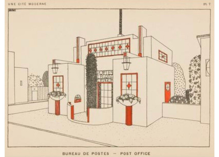 Dessin d’un bureau de poste issu de l’ouvrage “Une Cité Moderne” de Robert Mallet-Stevens.