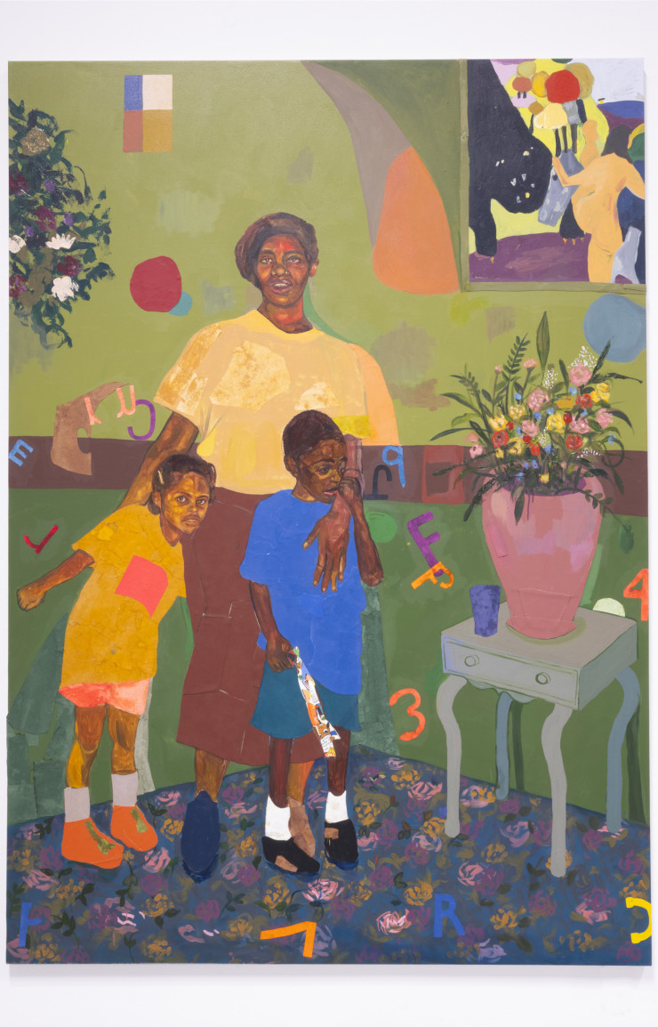 « Garden Room », Khalif Tahir Thompson, 2024. Oil, Pastel, Acrylic, Papyrus, Fabric, Handmade paper (abaca, cotton), Pleather, on canvas 240 x 170 cm .