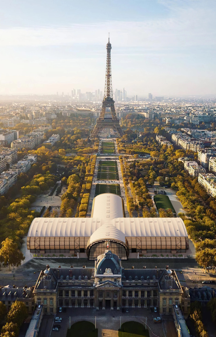 Le Grand Palais Éphémère, conçu par Jean-Michel Wilmotte, campe sur le Champ-de-Mars depuis 2021