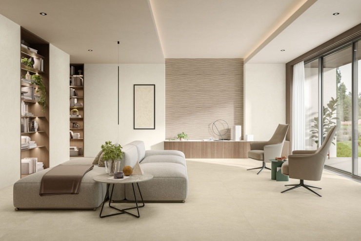 Au sol, « Boost Natural Pro » coloris Oat et, au mur, « Boost Natural Pro » coloris Salt et « Motion Decors » coloris Coffè.