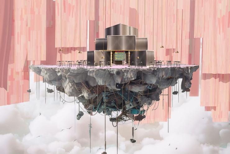Projet de pavillon de Lionel Jadot tel qu’il a été présenté à l’équipe de Maison&Objet. Comme sur un morceau de planète arraché flottant sur un continent de déchets, une maison remarquable est construite à partir de matériaux recyclés.