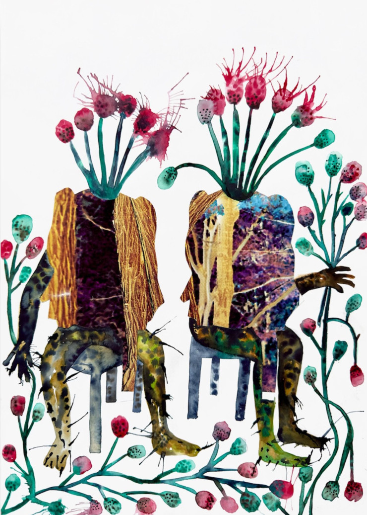 Utopie concrète pour un retour à l’essence, d’Arno Luzamba Bompere (2021). Technique mixte, aquarelle et collage sur papier.