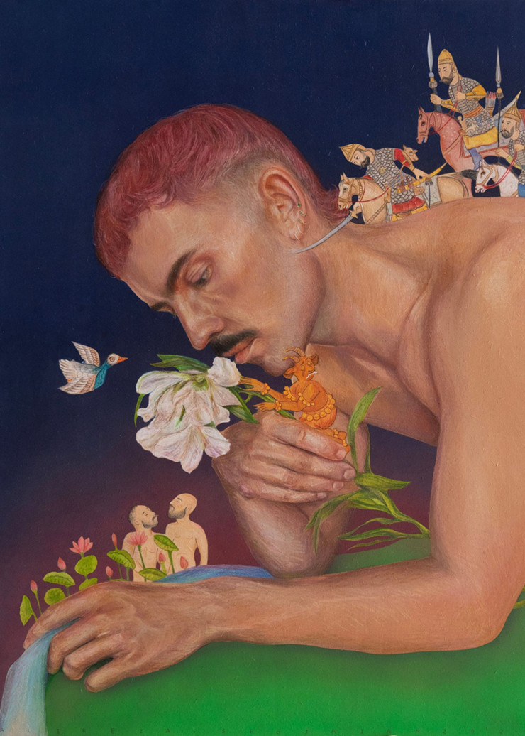 Le démon blanc et l’arbre en feu, d’Alireza Shojaian, acrylique et crayon de couleur sur bois, 80 x 60 cm.