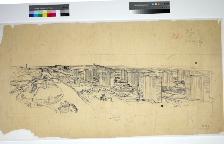 Plan Voisin, Paris, 1925. Perspective d’ensemble sur les bâtiments de la rive droite vue depuis l’Ile Saint Louis.
