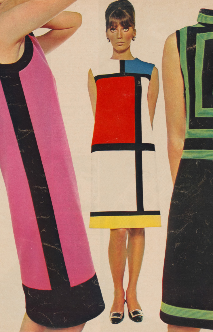 Peter Knapp. ELLE, septembre 1965. Robes de cocktail de la collection haute couture automne-hiver 1965 dite « hommage à Piet Mondrian ». Avec l’aimable autorisation d’Yves Saint Laurent / Jeanne Lanvin-Castillo / Peter Knapp
