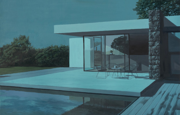 « Le pool house » – Nuit américaine, 2024, huile sur toile, 60 x 81 cm, Patrick Mirété