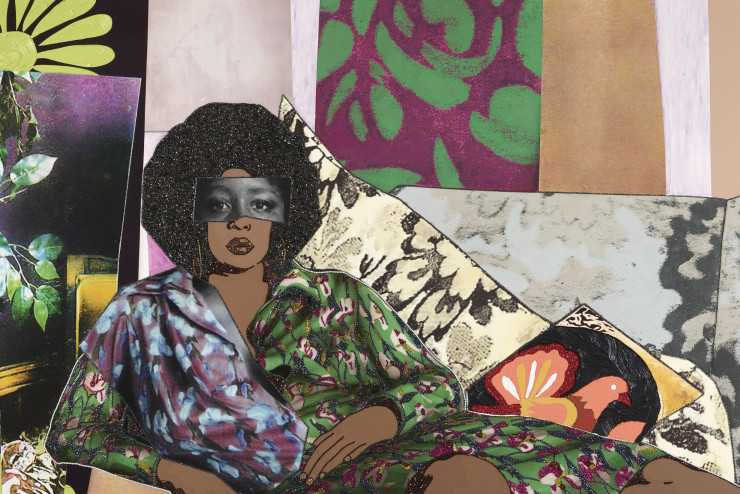 Afro Goddess Looking Forward (2015), strass, acrylique et huile sur panneau de bois (152,4 x 243,8 cm).