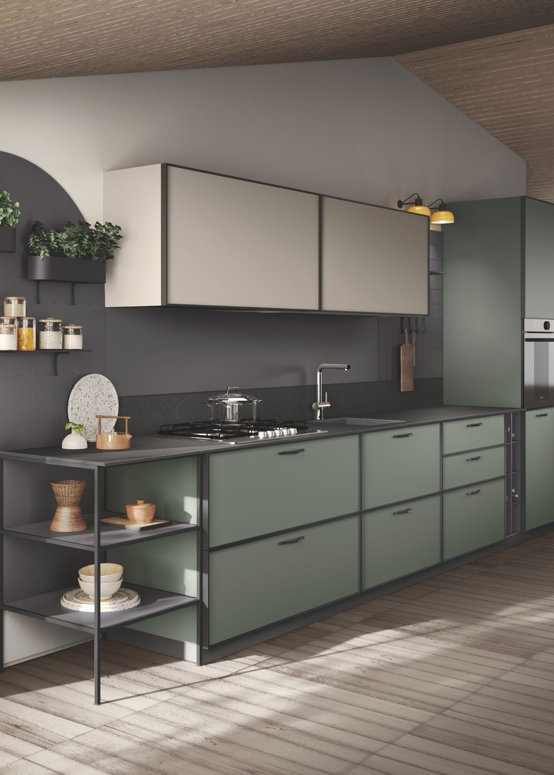 À la fois élégante et apaisante, la couleur verte se retrouve dans les cuisines ultramodernes comme les plus classiques, des rangements jusqu’aux pianos de cuisson. Évoquant la nature, le vert se décline du pistache au kaki en passant par l’amande. Un choix de bon ton